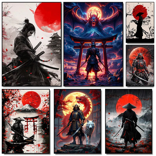 Retro Style Japanese Samurai Classic Warrior Red Sun Poster