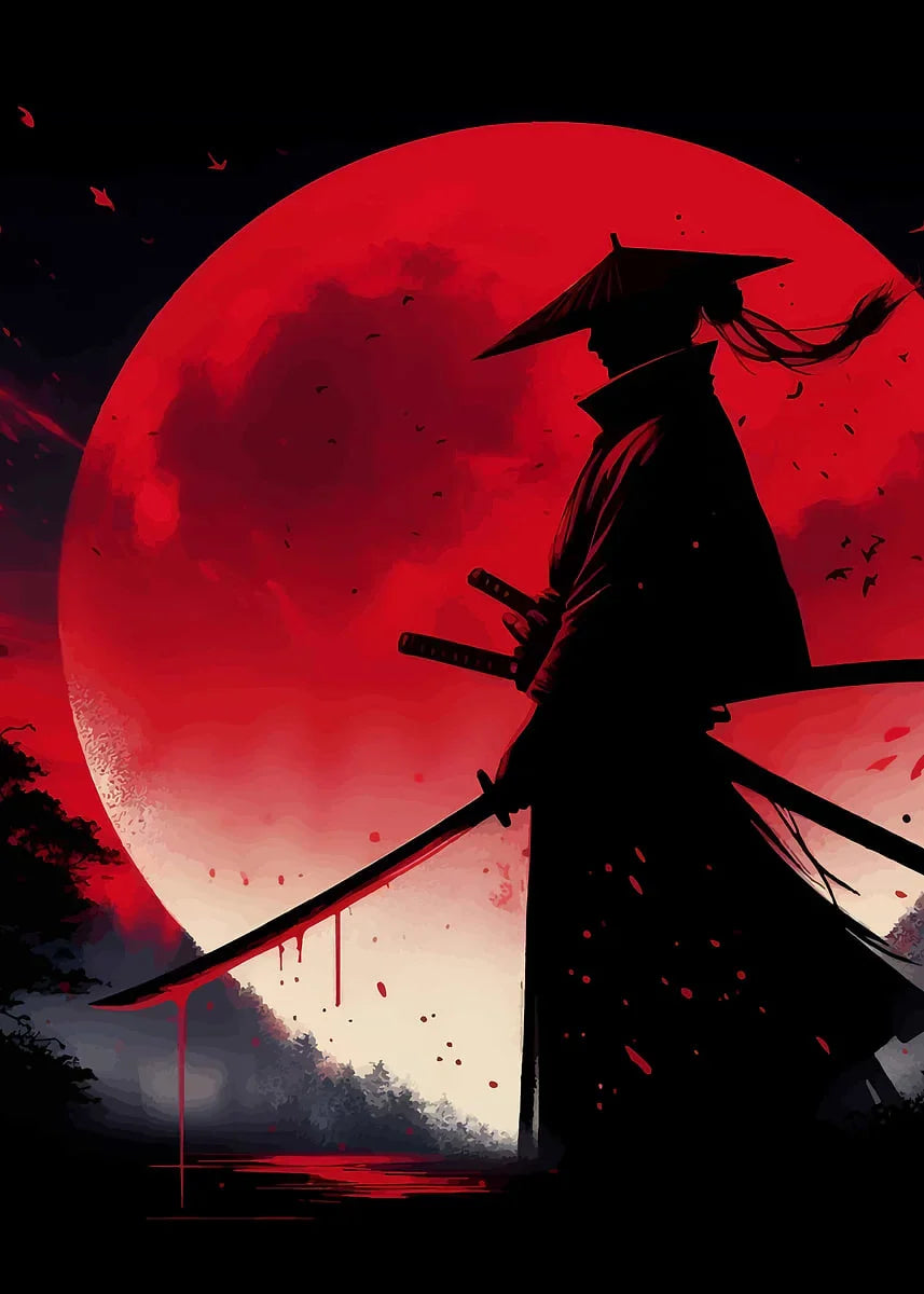Retro Style Japanese Samurai Classic Warrior Red Sun Poster