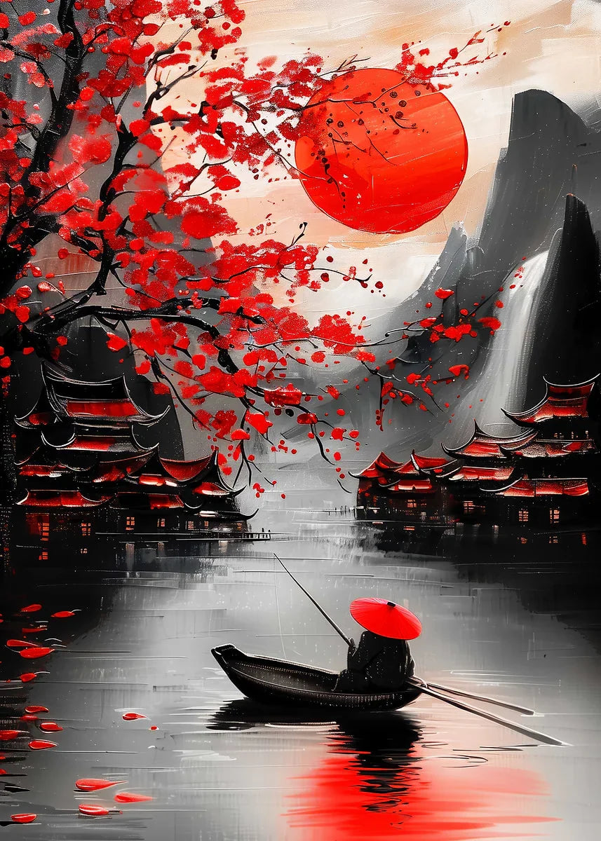 Retro Style Japanese Samurai Classic Warrior Red Sun Poster