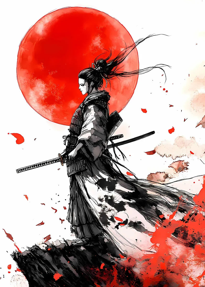 Retro Style Japanese Samurai Classic Warrior Red Sun Poster