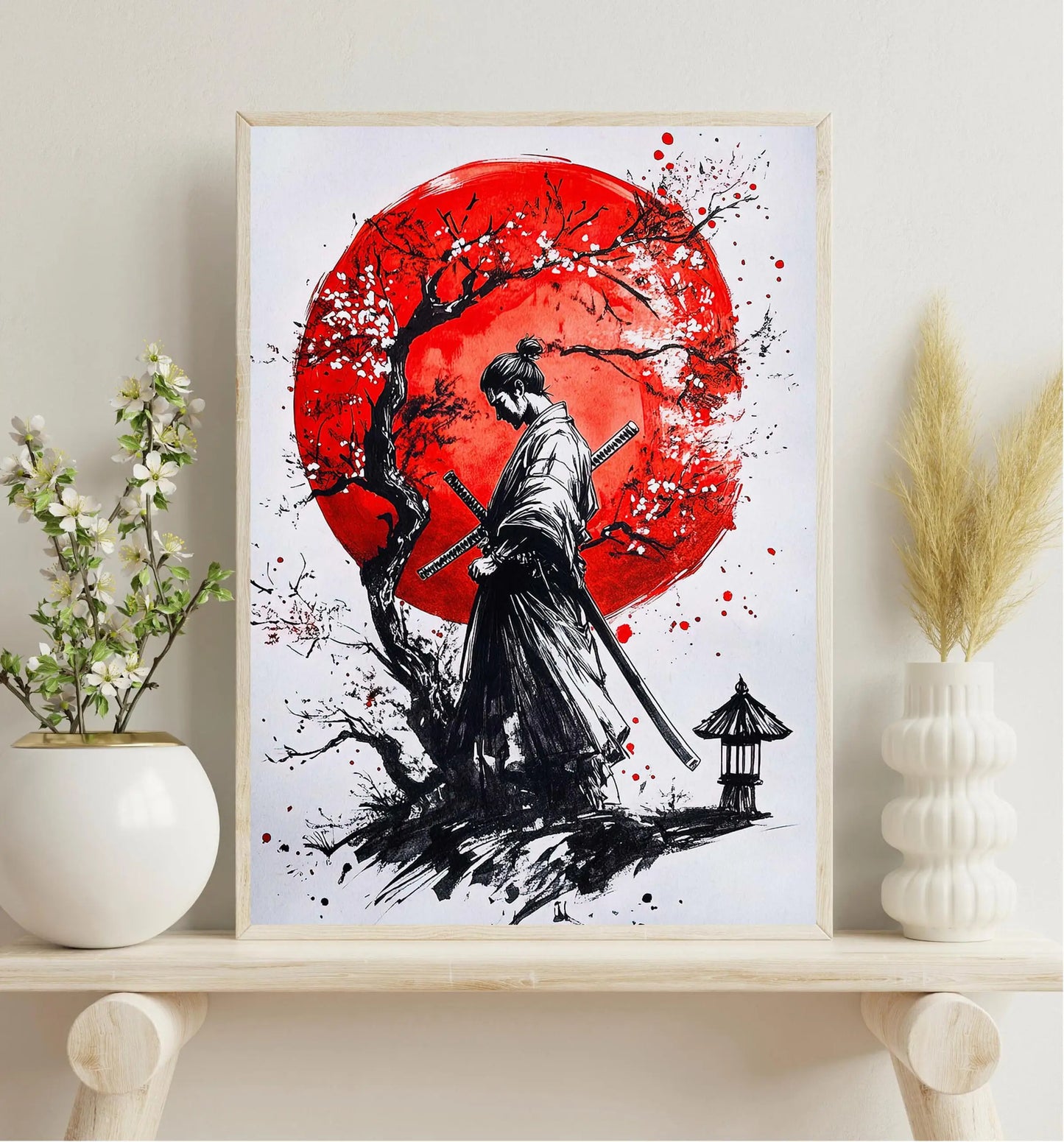 Retro Style Japanese Samurai Classic Warrior Red Sun Poster