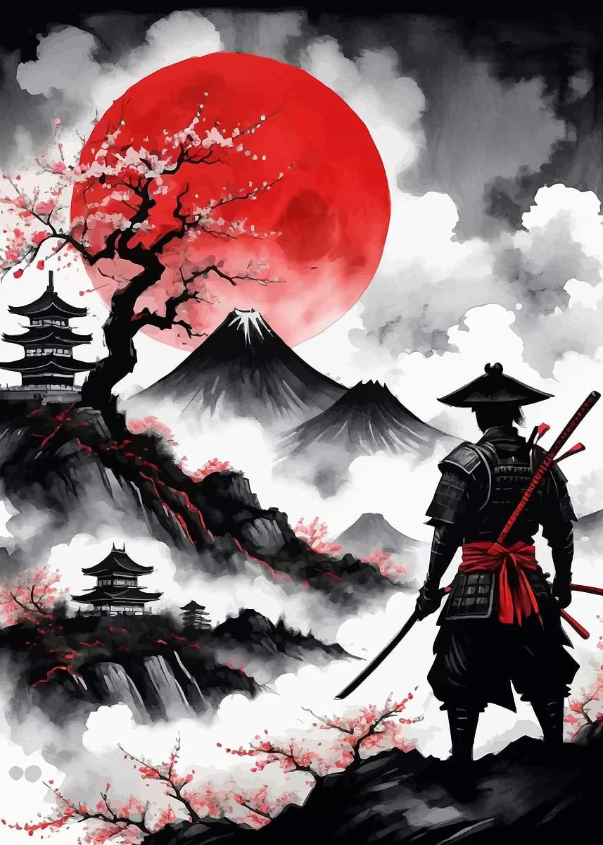 Retro Style Japanese Samurai Classic Warrior Red Sun Poster