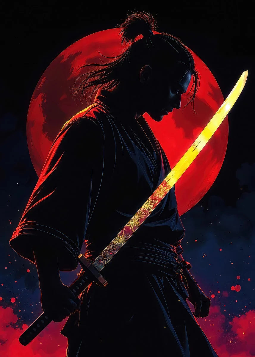 Retro Style Japanese Samurai Classic Warrior Red Sun Poster