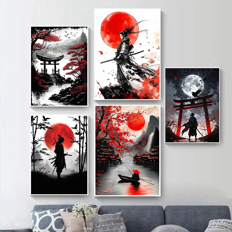 Retro Style Japanese Samurai Classic Warrior Red Sun Poster