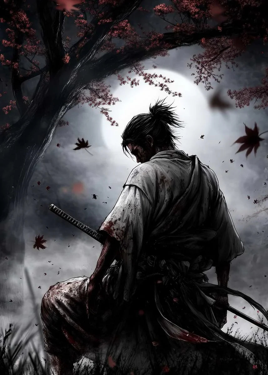 Retro Style Japanese Samurai Classic Warrior Red Sun Poster