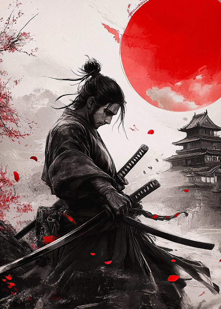Retro Style Japanese Samurai Classic Warrior Red Sun Poster