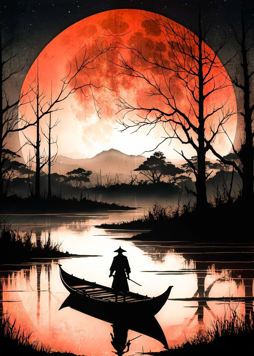 Retro Style Japanese Samurai Classic Warrior Red Sun Poster