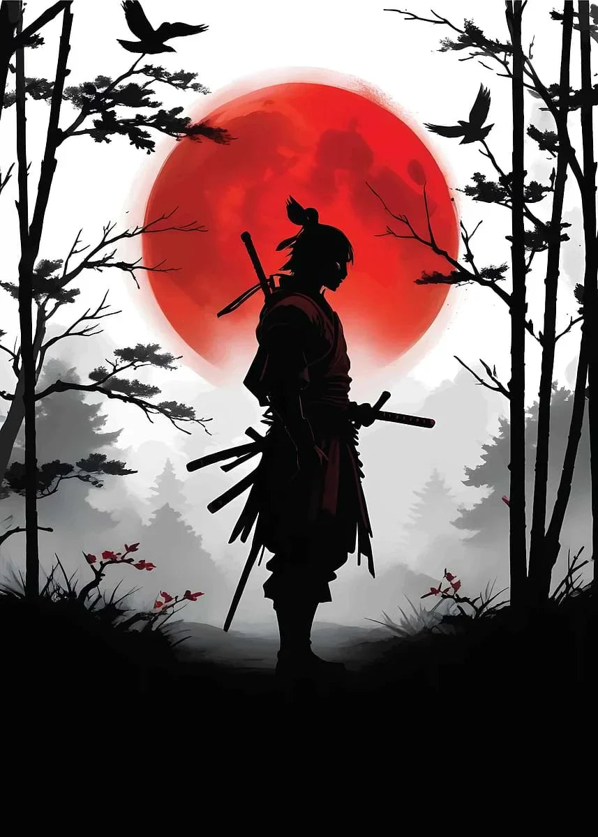 Retro Style Japanese Samurai Classic Warrior Red Sun Poster