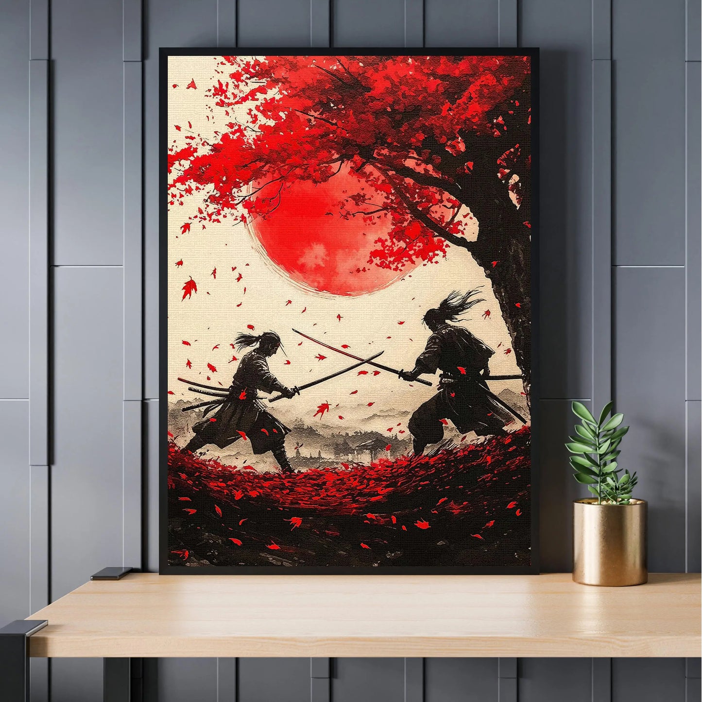 Retro Style Japanese Samurai Classic Warrior Red Sun Poster