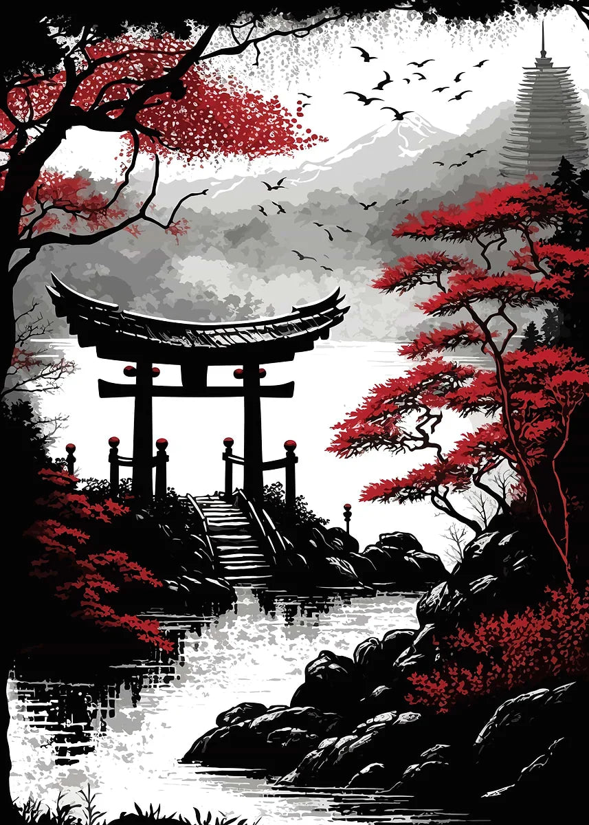 Retro Style Japanese Samurai Classic Warrior Red Sun Poster