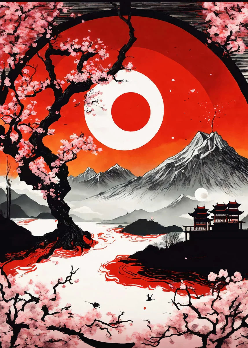 Retro Style Japanese Samurai Classic Warrior Red Sun Poster