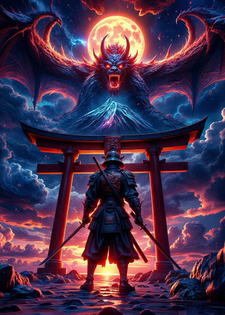 Retro Style Japanese Samurai Classic Warrior Red Sun Poster