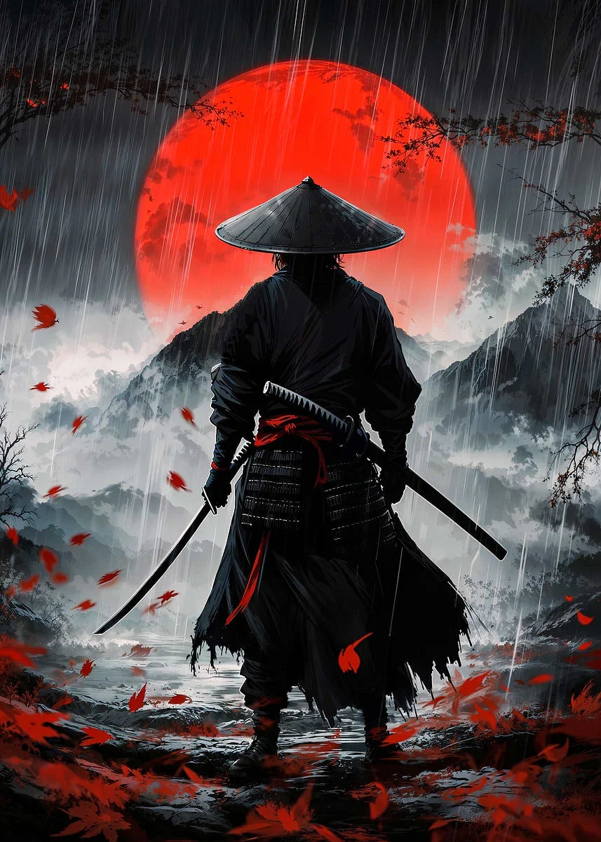 Retro Style Japanese Samurai Classic Warrior Red Sun Poster
