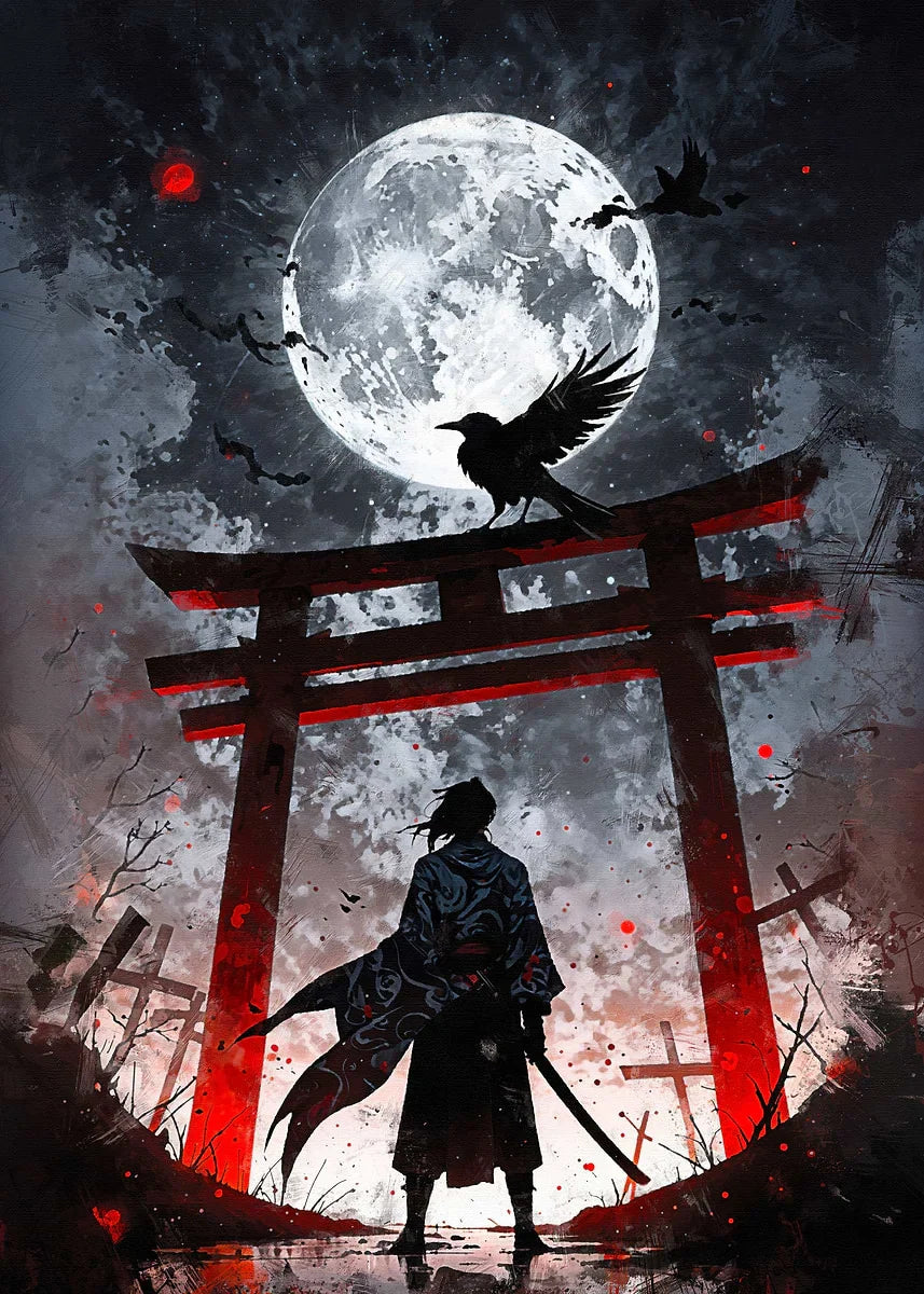 Retro Style Japanese Samurai Classic Warrior Red Sun Poster