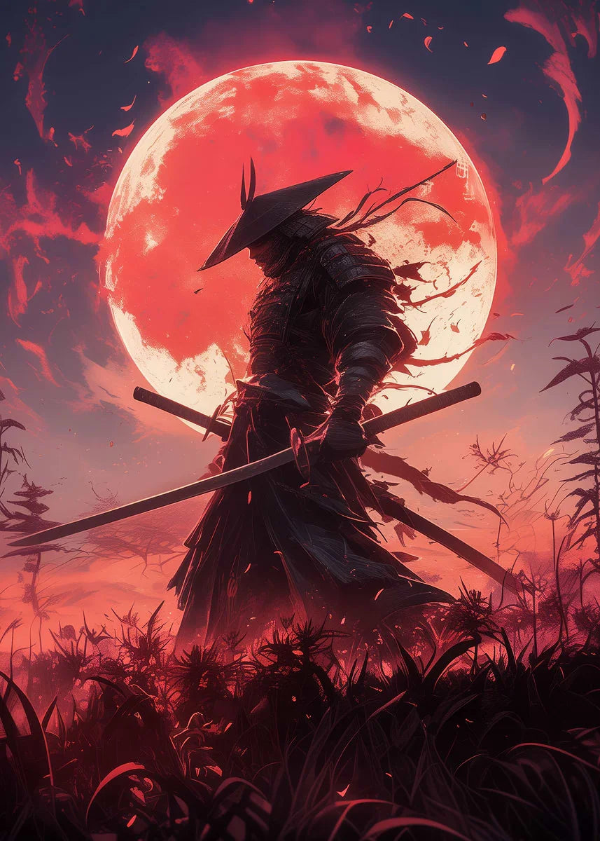 Retro Style Japanese Samurai Classic Warrior Red Sun Poster