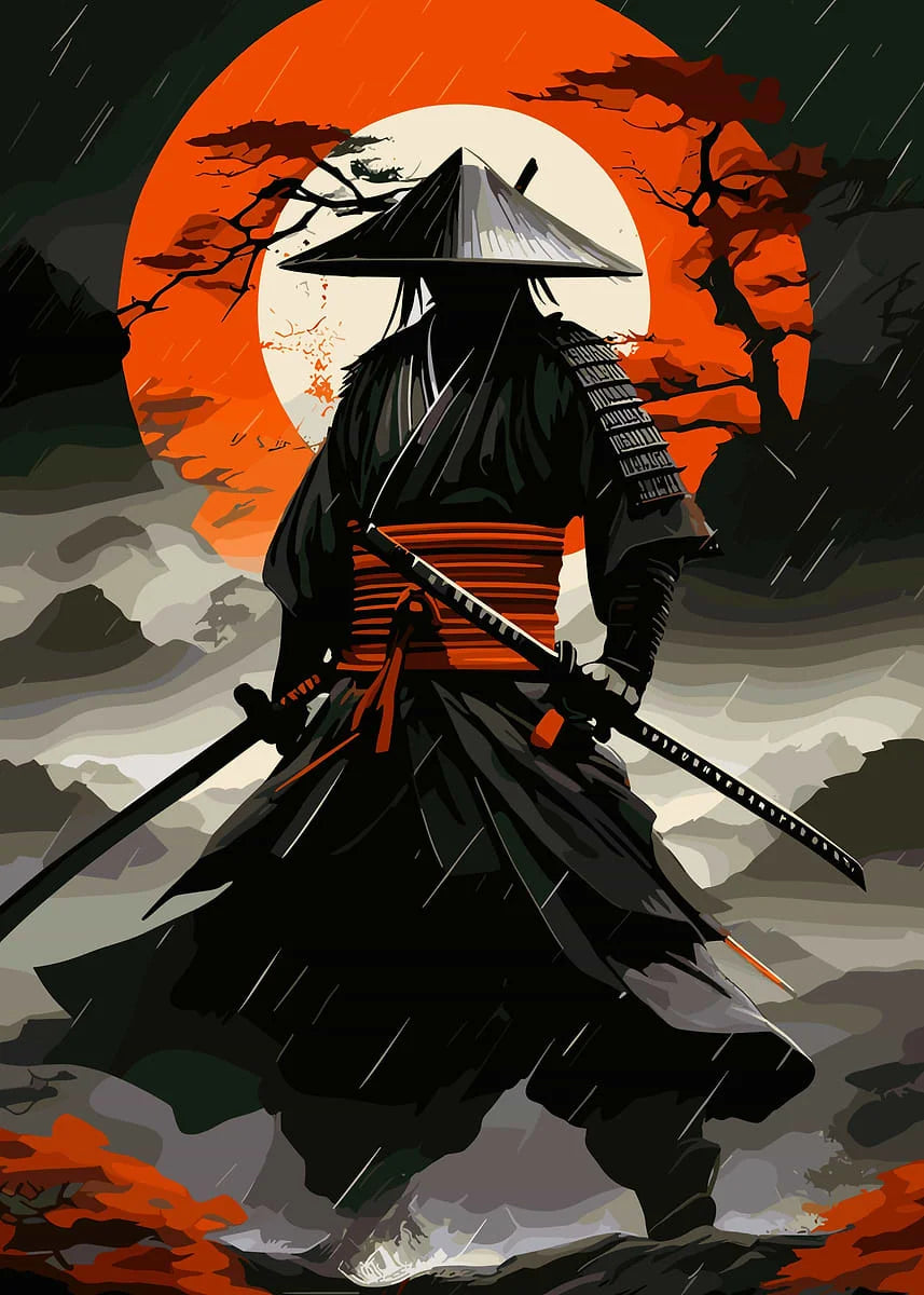 Retro Style Japanese Samurai Classic Warrior Red Sun Poster