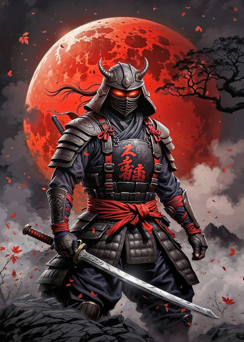 Retro Style Japanese Samurai Classic Warrior Red Sun Poster