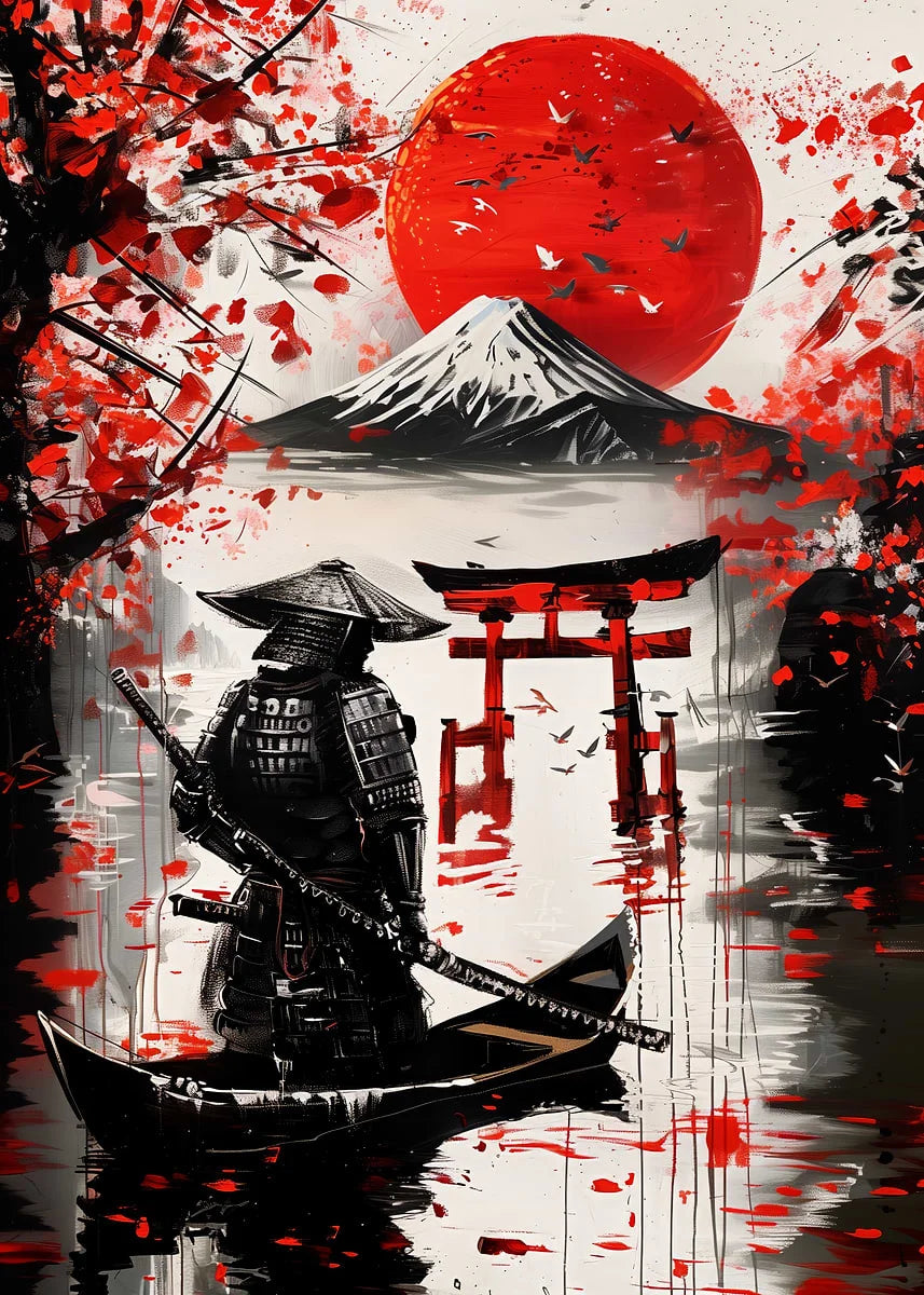 Retro Style Japanese Samurai Classic Warrior Red Sun Poster