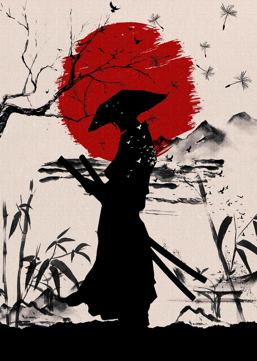 Retro Style Japanese Samurai Classic Warrior Red Sun Poster