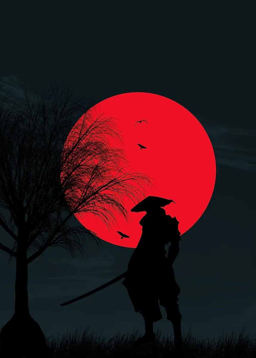 Retro Style Japanese Samurai Classic Warrior Red Sun Poster