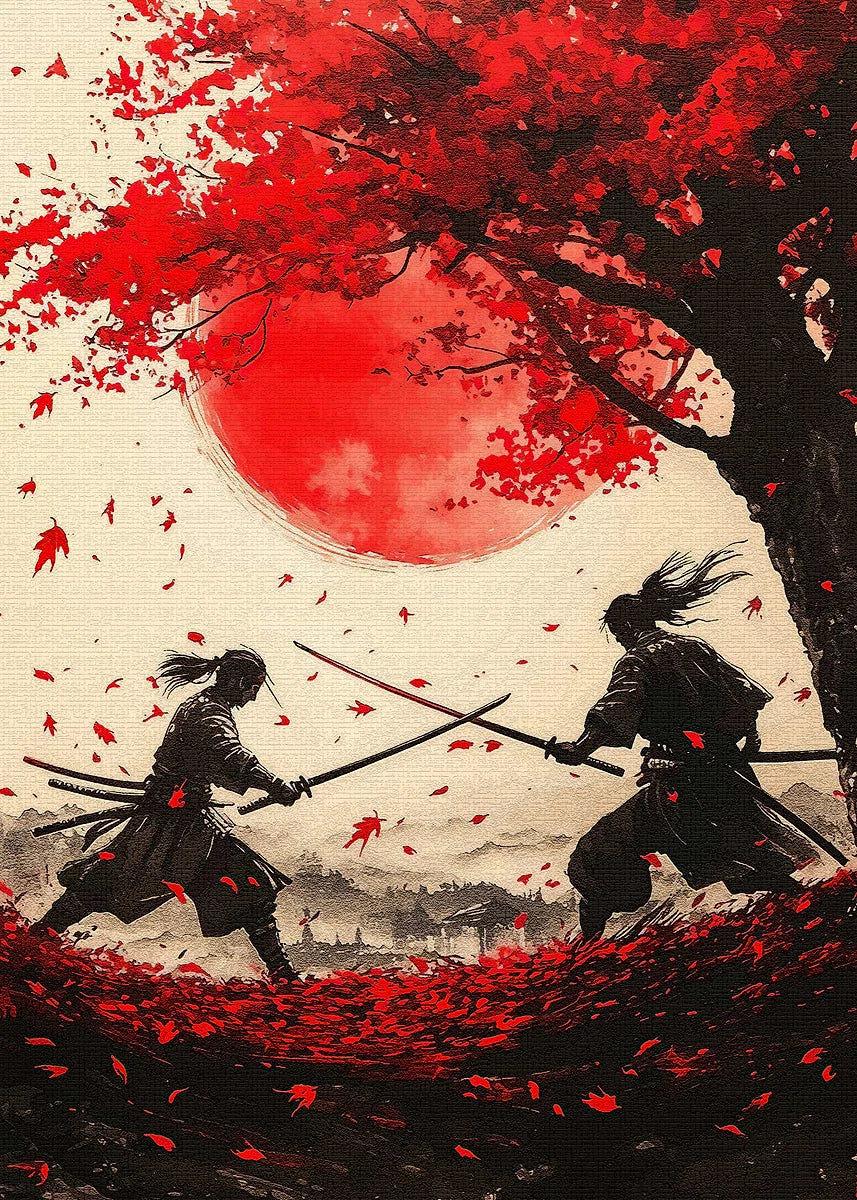 Retro Style Japanese Samurai Classic Warrior Red Sun Poster