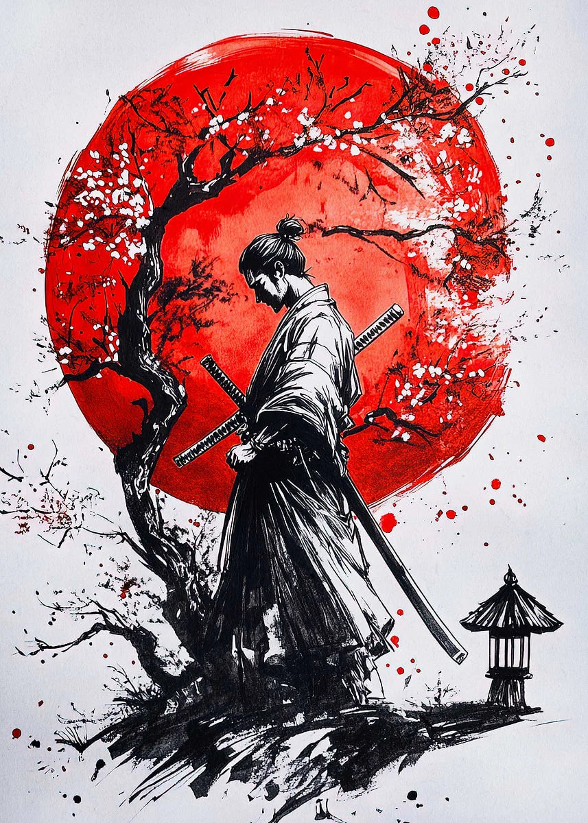Retro Style Japanese Samurai Classic Warrior Red Sun Poster