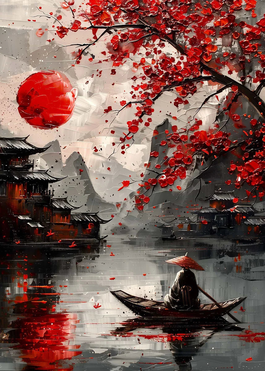 Retro Style Japanese Samurai Classic Warrior Red Sun Poster